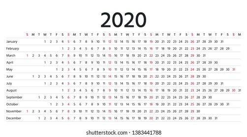 2020 calendar linear. Vector. Stationery yearly organizer. Calender in minimal design with months. Landscape horizontal orientation, english. Isolated illustration.