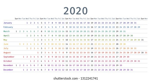 2020 calendar linear. Vector. Yearly calendar organizer. Stationery template 2020 year in simple style with months. Week starts Sunday. Landscape horizontal orientation, english. Isolated illustration