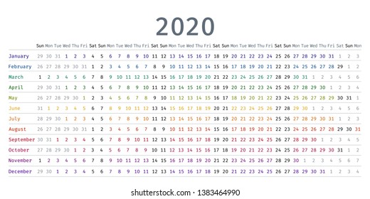2020 calendar linear. Vector. Yearly calendar organizer. Stationery template 2020 year in simple style with months. Landscape horizontal orientation, english. Isolated illustration