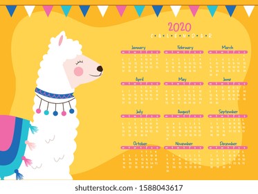 2020 calendar with llama design with pennants. vector illustration