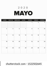2020 Calendar May, Black and white. Spanish