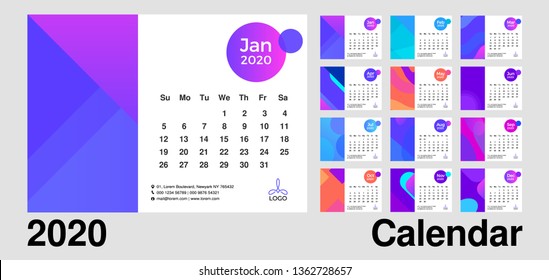 2020 Calendar Minimal Gradient template. Simple Colorful minimal elegant desk calendar