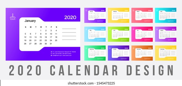 2020 Calendar Minimal Gradient template. Simple Colorful minimal elegant desk calendar