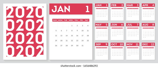 2020 calendar in a minimalist style. Week starts from Sunday.