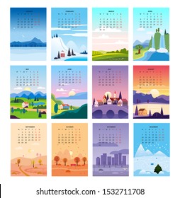 2020 Calendar Minimalistic Landscape Natural Backgrounds Of Four Seasons. Winter Wonderland, Fresh On Spring, Hot Sunny Day On Summer, Autumn With Leaves Falling. Set Cartoon Flat Design 4 Seasons