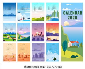 2020 Calendar minimalistic landscape natural backgrounds of four seasons. Winter wonderland, Fresh on Spring, Hot sunny day on Summer, Autumn with leaves falling. Set cartoon flat design 4 seasons