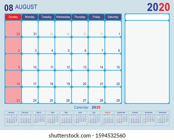 2020 Calendar Monthly Planner Design, August 2020 year vector calendar design