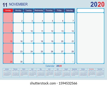 2020 Calendar Monthly Planner Design, November 2020 year vector calendar design