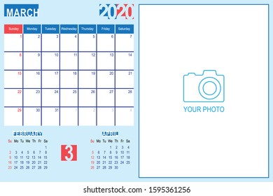 2020 Calendar Monthly Planner Design, March 2020 year vector calendar design