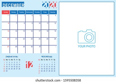 2020 Calendar Monthly Planner Design, December 2020 year vector calendar design