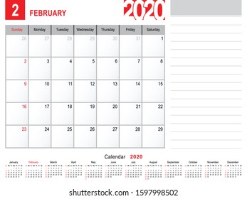 2020 Calendar Monthly Planner Design, February 2020 year vector calendar design