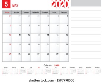 2020 Calendar Monthly Planner Design, May 2020 year vector calendar design