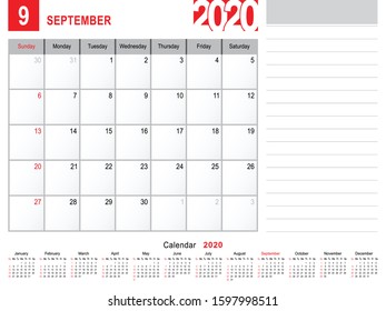 2020 Calendar Monthly Planner Design, September 2020 year vector calendar design