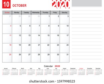 2020 Calendar Monthly Planner Design, October 2020 year vector calendar design
