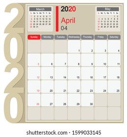 2020 Calendar Monthly Planner Design, April 2020 year vector calendar design