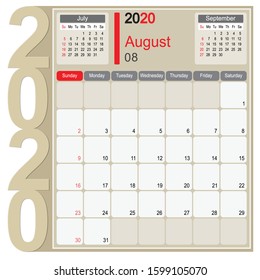 2020 Calendar Monthly Planner Design, August 2020 year vector calendar design