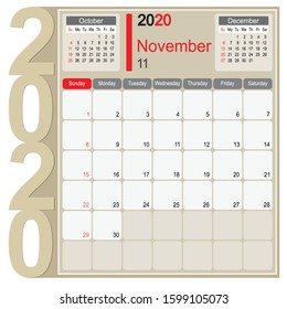 2020 Calendar Monthly Planner Design, November 2020 year vector calendar design