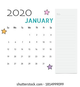 2020 calendar, monthly calendar template for January. Vector illustration.