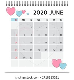 2020 calendar, monthly calendar template for June. Vector illustration.