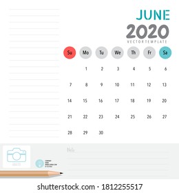 2020 calendar, monthly calendar template for June. Vector illustration.