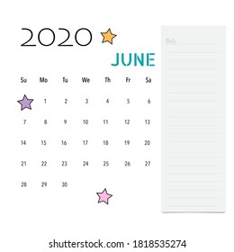 2020 calendar, monthly calendar template for June. Vector illustration.