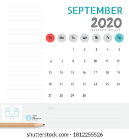 2020 calendar, monthly calendar template for September. Vector illustration.