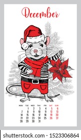 2020. Calendar. Mouse hand drawn illustration. New Year card.