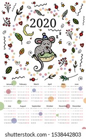 2020 calendar, a mouse or rat sleeping on a pillow. Symbol of the New Year. Cartoon style, vector illustration