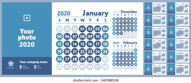 2020 calendar. New year planner design. English calender. Blue color vector template. Week starts on Sunday. Business planning.
