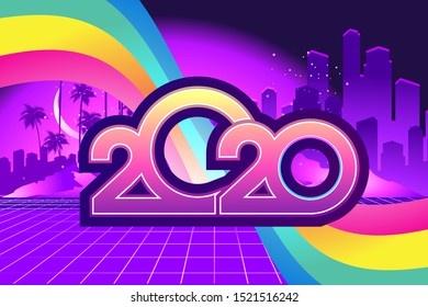 2020 calendar numbers, New Year greeting card in retro synthesizer wave style horizontal banner, vector illustration