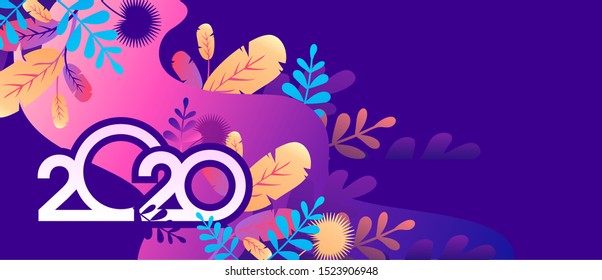 2020 calendar numbers, New Year greeting card, bright leaves tropical plants on a blue background, horizontal banner, vector illustration
