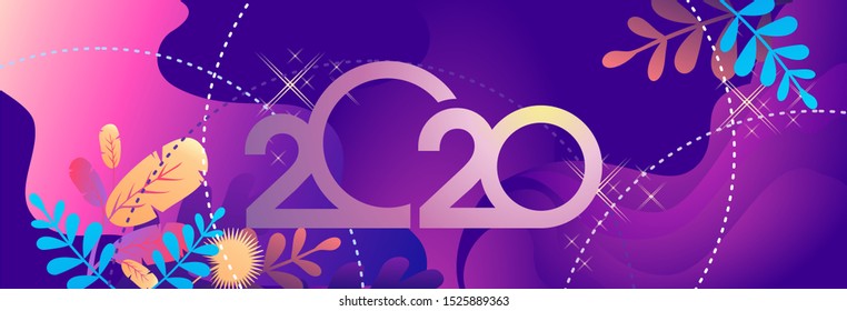 2020 calendar numbers, New Year greeting card, bright leaves tropical plants on a blue background, horizontal banner, vector illustration