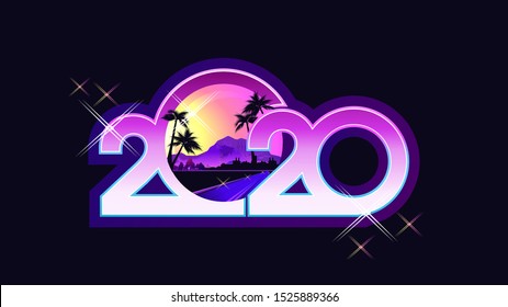 2020 calendar numbers, New Year greeting card in retro synthesizer wave style horizontal banner, vector illustration