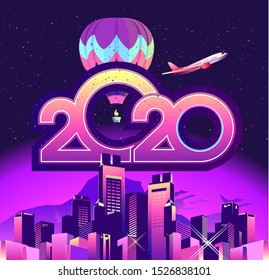 2020 calendar numbers, new year greeting card, festive night neon city, square shape, vector illustration