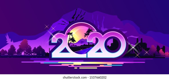 2020 calendar numbers, New Year greeting card in retro synthesizer wave style horizontal banner, vector illustration