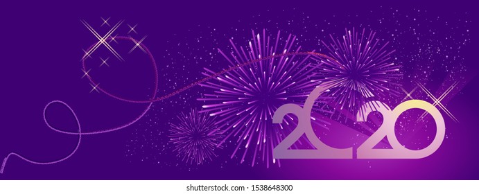 2020 calendar numbers, new year greeting card, festive, fireworks, night sky stars, horizontal banner, vector illustration