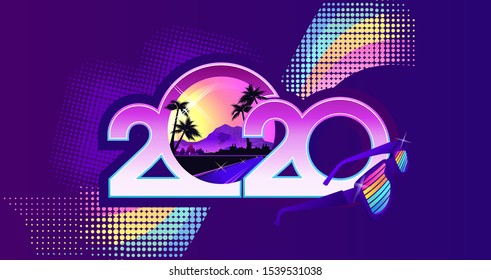 2020 calendar numbers, New Year greeting card in retro synthesizer wave style horizontal banner, vector illustration