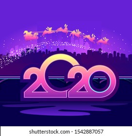 2020 calendar numbers, new year greeting card, festive night neon city, square shape, vector illustration