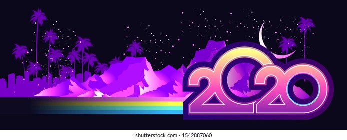 2020 calendar numbers, New Year greeting card in retro synthesizer wave style horizontal banner, vector illustration