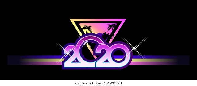 2020 calendar numbers, New Year greeting card in retro synthesizer wave style horizontal banner, vector illustration