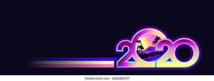 2020 calendar numbers, New Year greeting card in retro synthesizer wave style horizontal banner, vector illustration