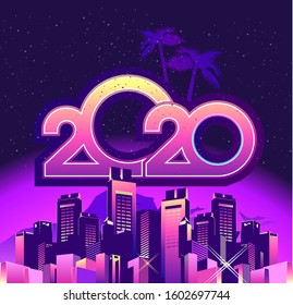 2020 calendar numbers, new year greeting card, festive night neon city, square shape, vector illustration