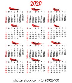 2020 calendar, on a white background, vector illustration