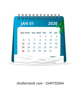 2020 calendar. One Month Calendar with fir branches and snow. January. Week Starts Sunday. Calendar Vector Illustration Template