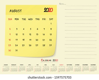 2020 Calendar Paper Note, August 2020 year vector calendar design