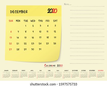 2020 Calendar Paper Note, December 2020 year vector calendar design