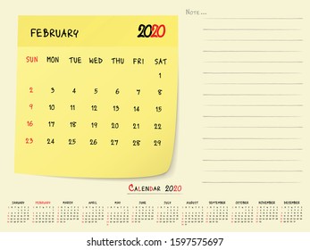 2020 Calendar Paper Note, February 2020 year vector calendar design