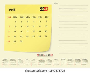 2020 Calendar Paper Note, June 2020 year vector calendar design