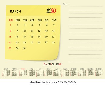 2020 Calendar Paper Note, March 2020 year vector calendar design