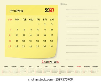 2020 Calendar Paper Note, October 2020 year vector calendar design